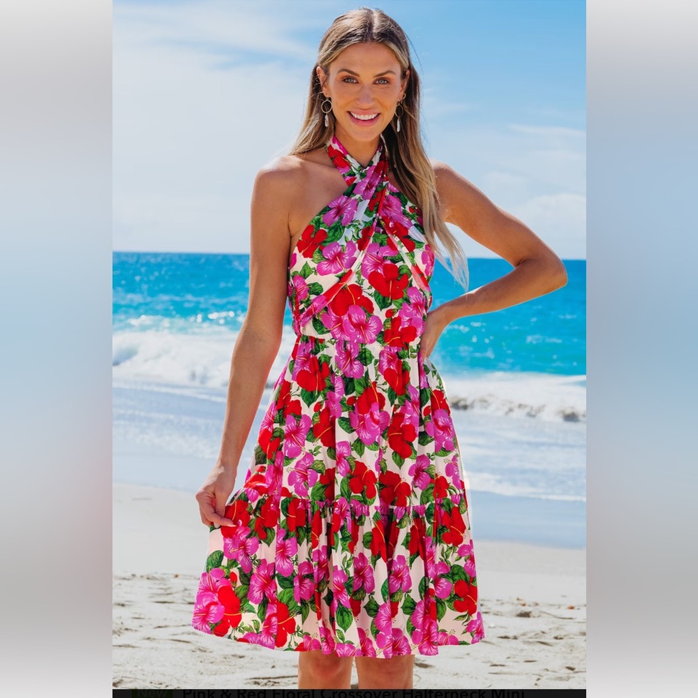 Cupshe Pink & Red Floral Crossover Halterneck Mini Dress